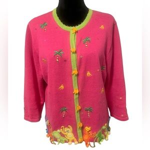 Vintage Berek Monkey and Palm Tree Cardigan Sweater